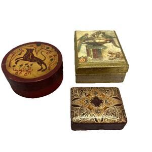 Florentia Lidded Trinket Jewelry Box Italy Birds Gold Leaf Leather Box Folk